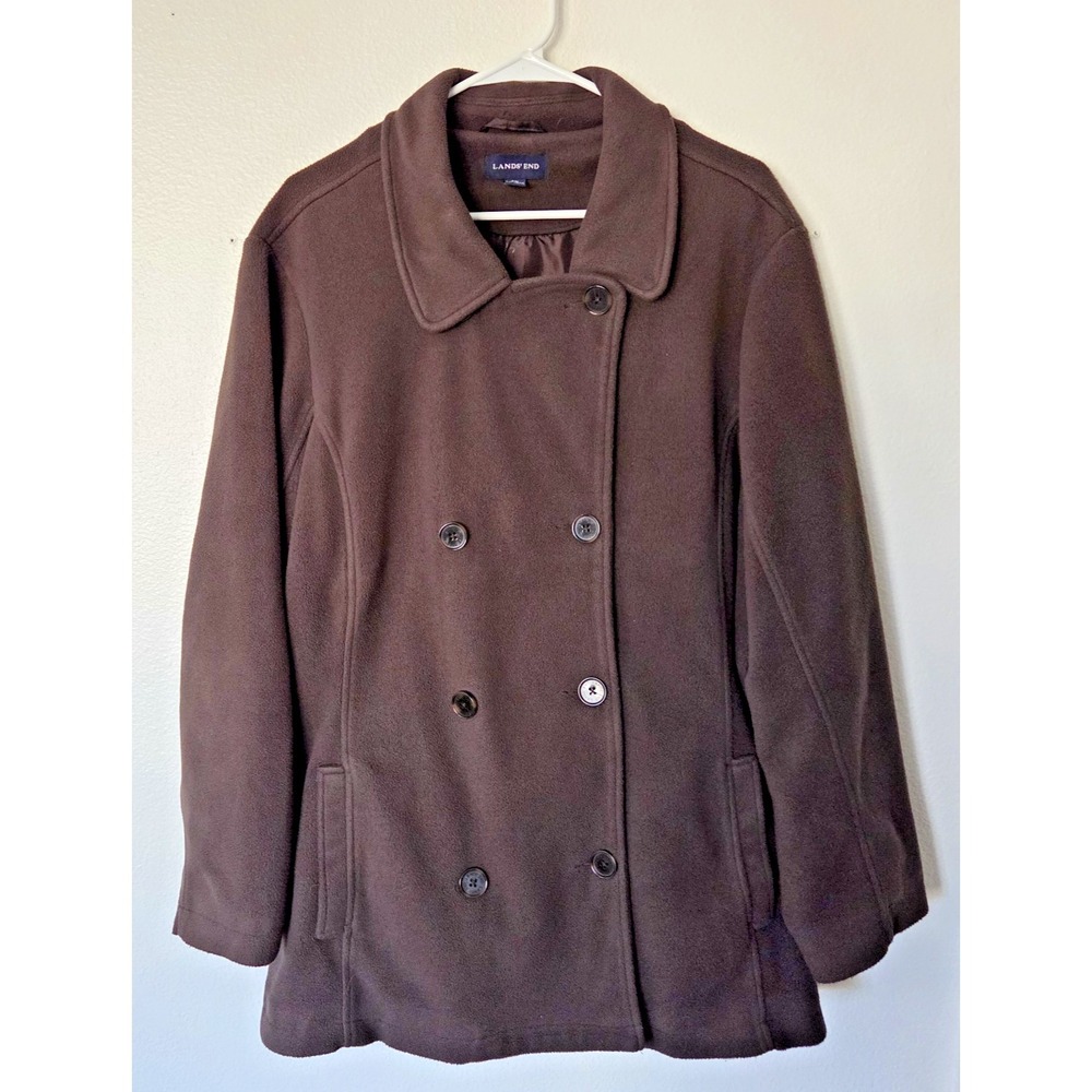 Lands End Womens Pea Coat 3X Brown Thermacheck Fleece Double Breasted